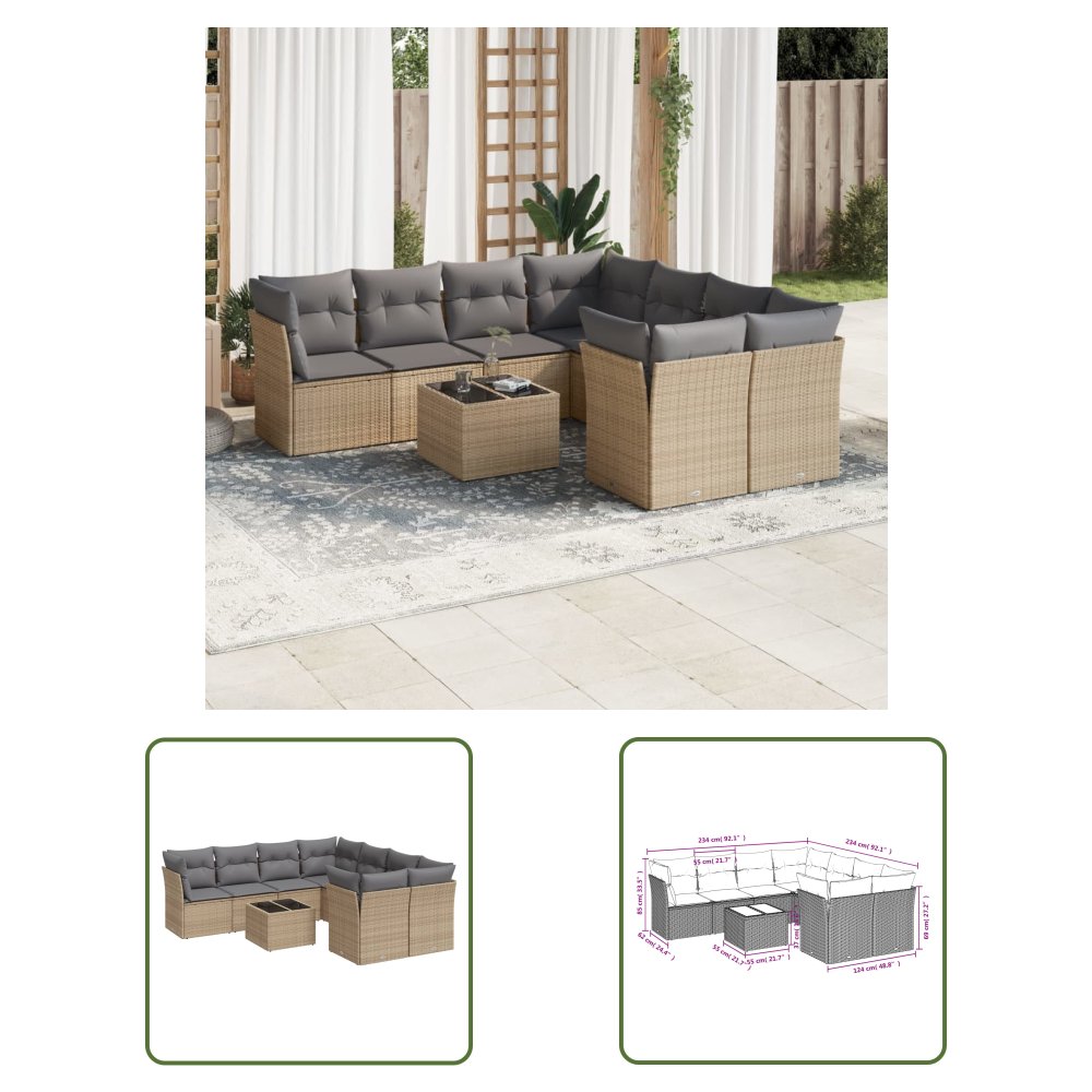 The Living Store 9-cz. zestaw mebli ogrodowych z poduszkami - beżowy - polirattan - Sofa Ogrodowa