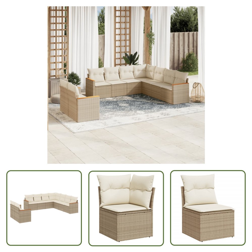 The Living Store 9-cz. zestaw mebli ogrodowych z poduszkami - beżowy - polirattan - Sofa Ogrodowa
