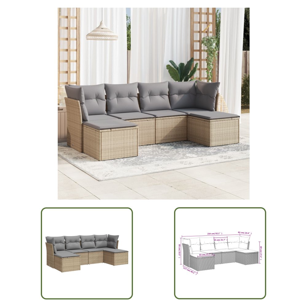 The Living Store 6-cz. zestaw mebli ogrodowych z poduszkami - beżowy - polirattan - Sofa Ogrodowa