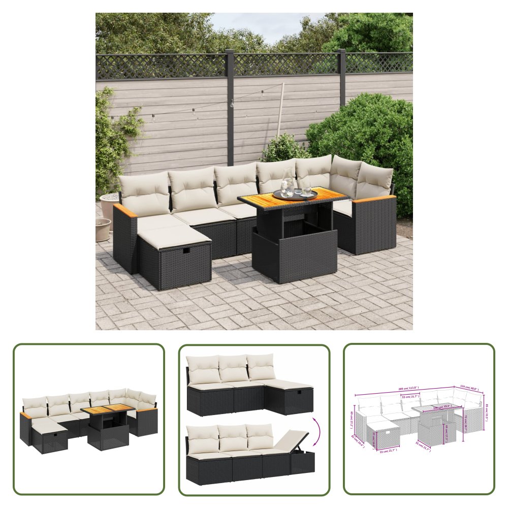 The Living Store 8-cz. zestaw wypoczynkowy do ogrodu - z poduszkami - czarny - Sofa Ogrodowa