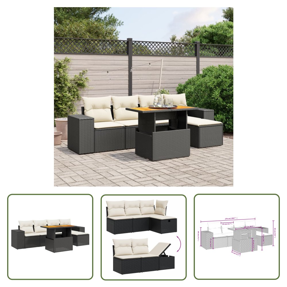 The Living Store 6-cz. zestaw mebli ogrodowych z poduszkami - czarny polirattan - Sofa Ogrodowa