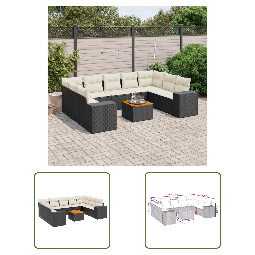The Living Store 10-cz. zestaw wypoczynkowy do ogrodu - poduszki czarny rattan PE - Sofa Ogrodowa