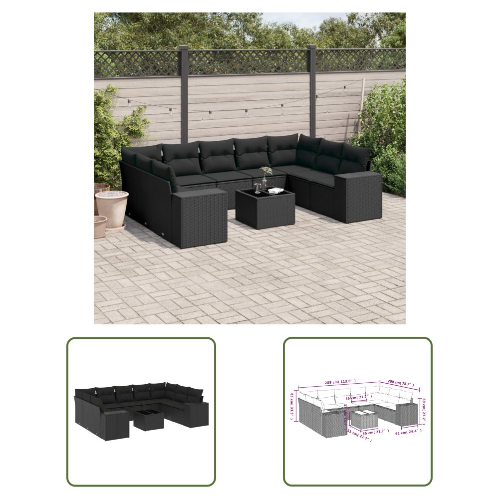 The Living Store 10-cz. zestaw wypoczynkowy do ogrodu - poduszki czarny rattan PE - Sofa Ogrodowa