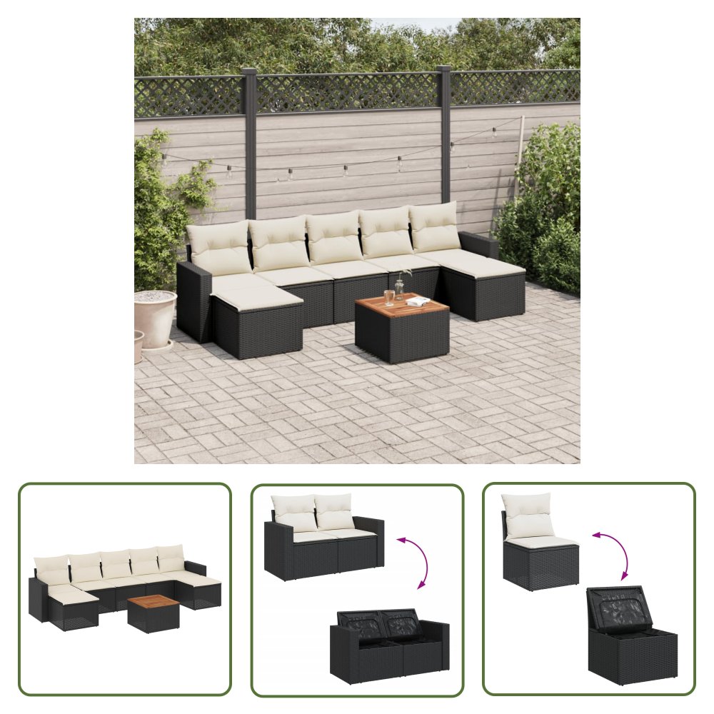 The Living Store 8-cz. zestaw wypoczynkowy do ogrodu - z poduszkami - czarny - Sofa Ogrodowa