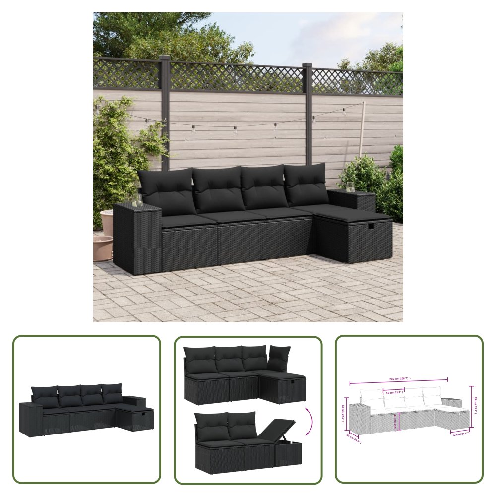 The Living Store 5-cz. zestaw wypoczynkowy do ogrodu - poduszki - czarny rattan PE - Sofa Ogrodowa