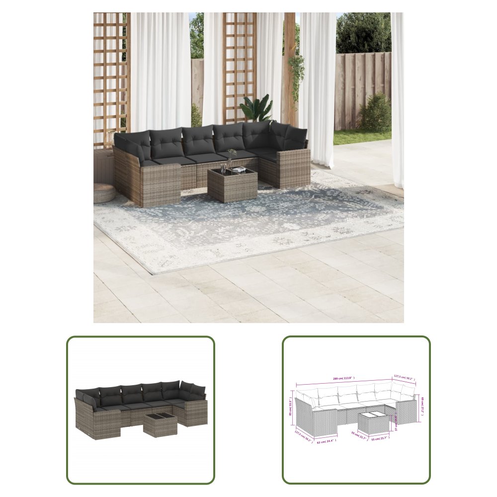The Living Store 8-cz. zestaw mebli ogrodowych z poduszkami - szary - polirattan - Sofa Ogrodowa
