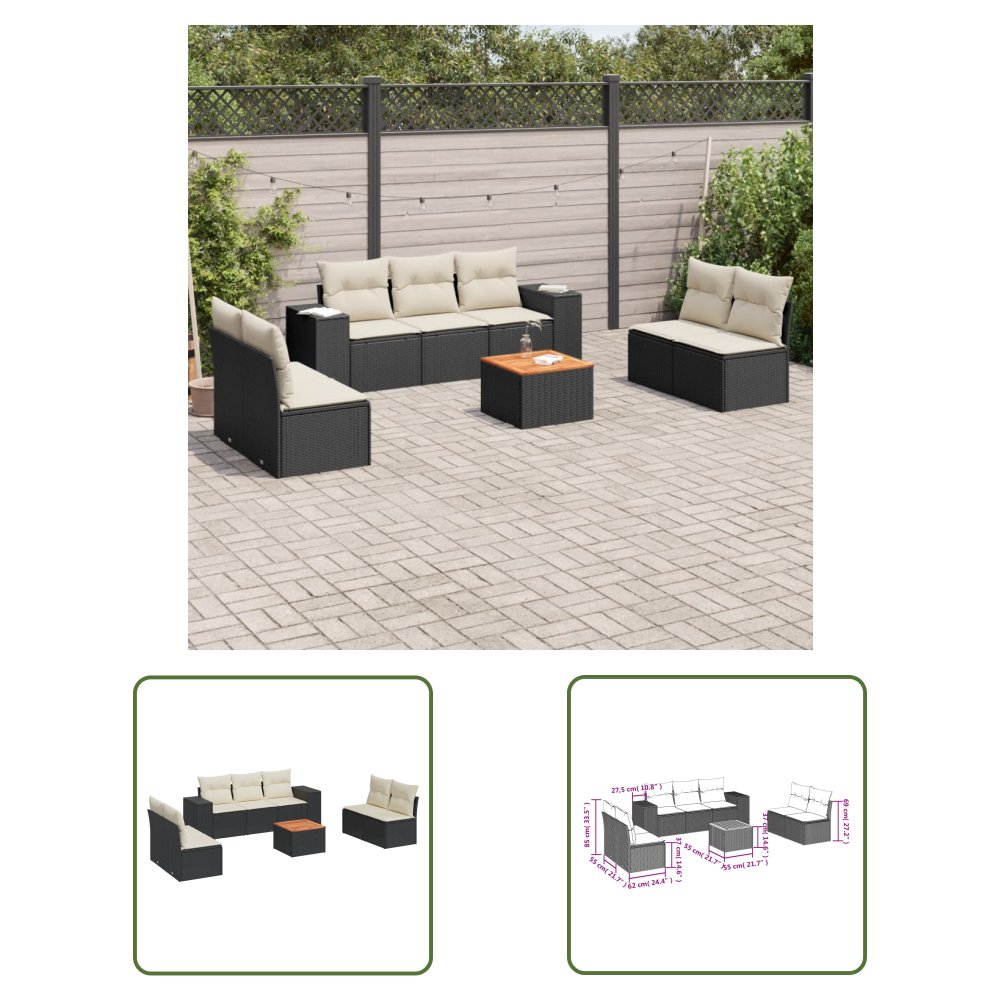 The Living Store 8-cz. zestaw wypoczynkowy do ogrodu - z poduszkami - czarny - Sofa Ogrodowa