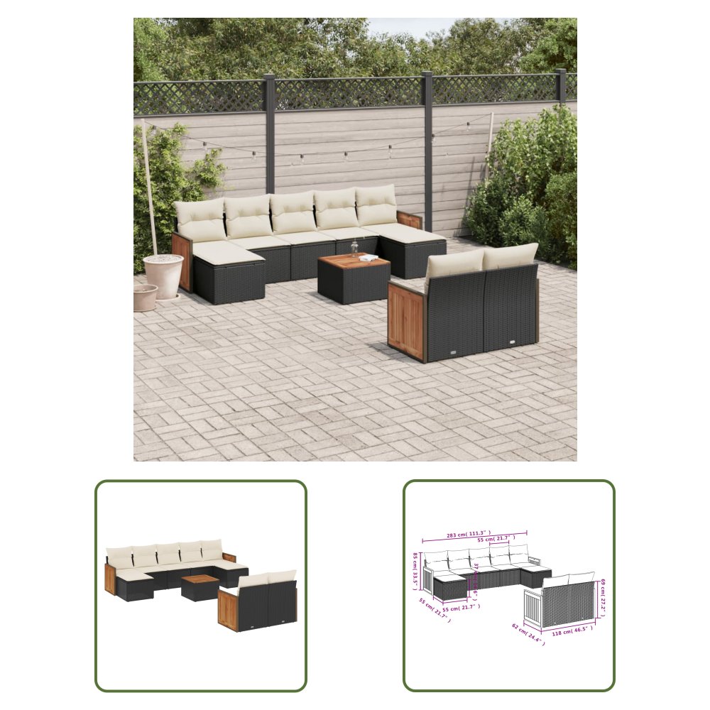 The Living Store 10-cz. zestaw wypoczynkowy do ogrodu - poduszki czarny rattan PE - Sofa Ogrodowa