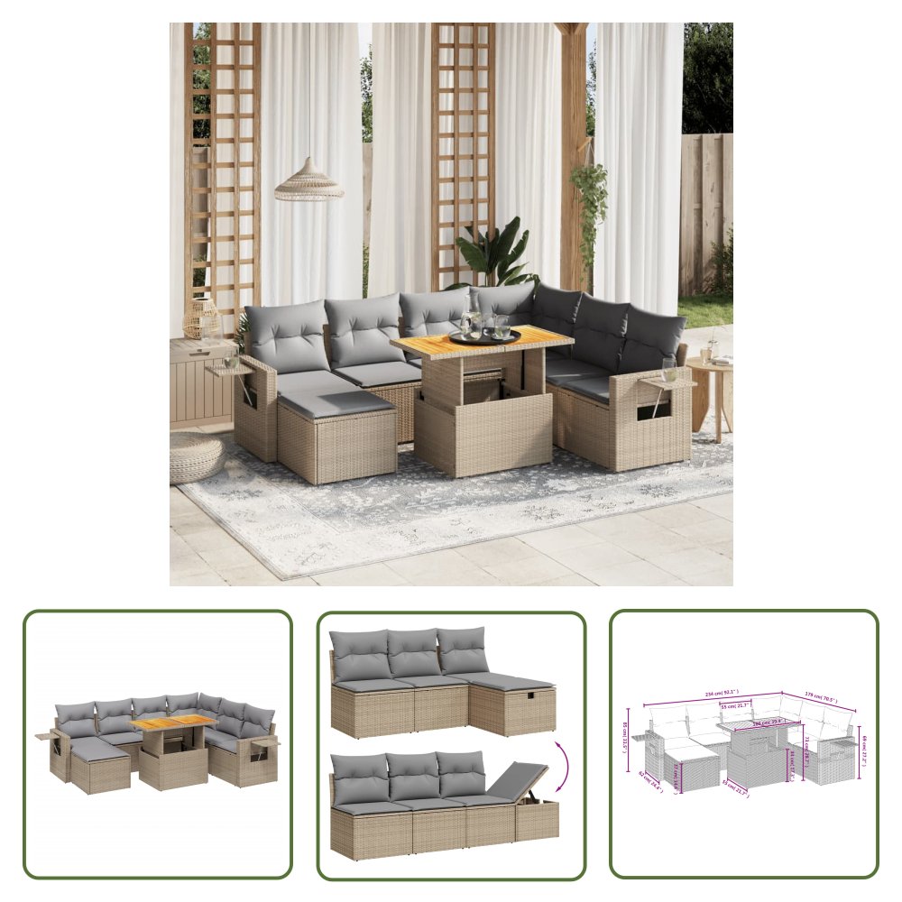The Living Store 8-cz. zestaw mebli ogrodowych z poduszkami - beżowy - polirattan - Sofa Ogrodowa