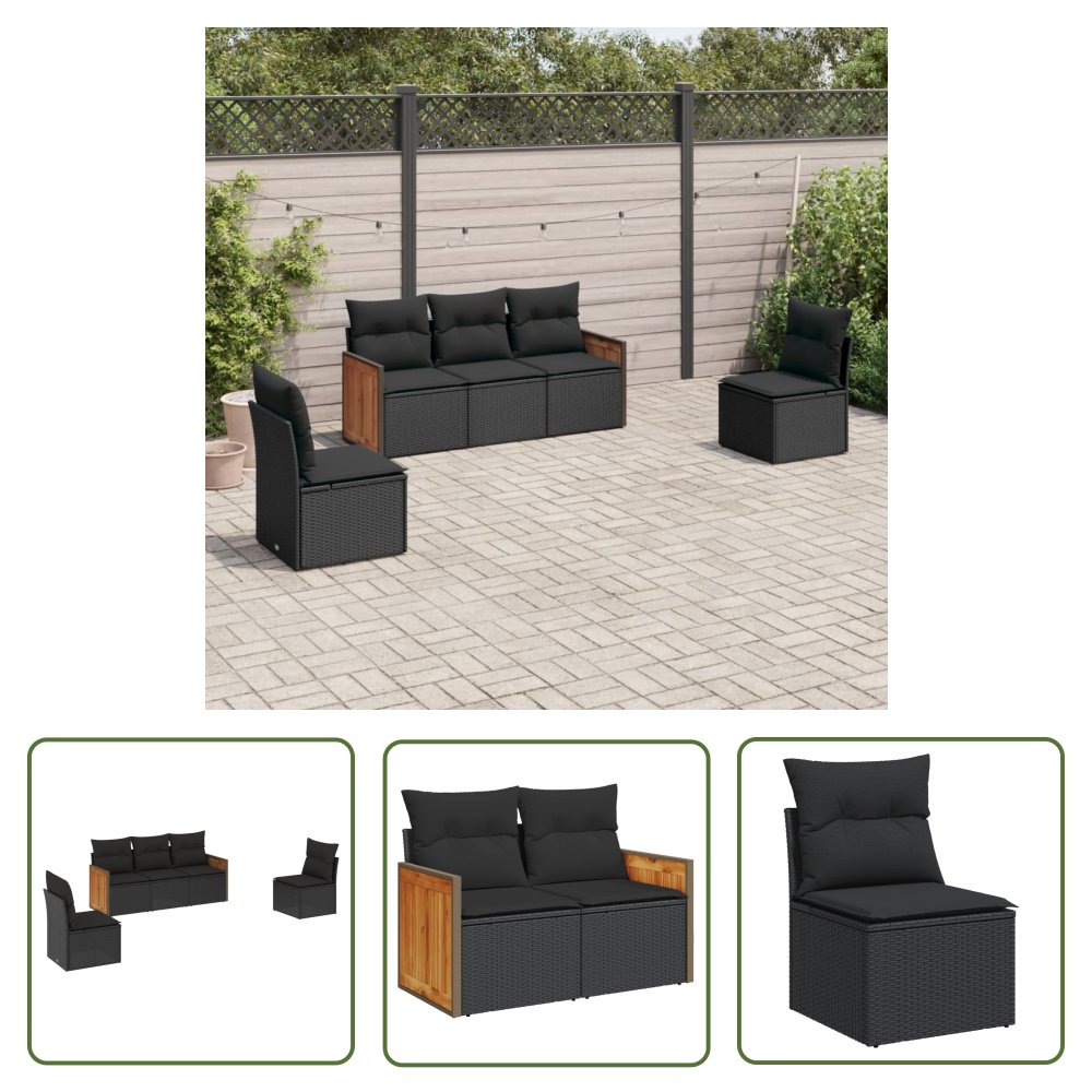 The Living Store 5-cz. zestaw wypoczynkowy do ogrodu - poduszki - czarny rattan PE - Sofa Ogrodowa