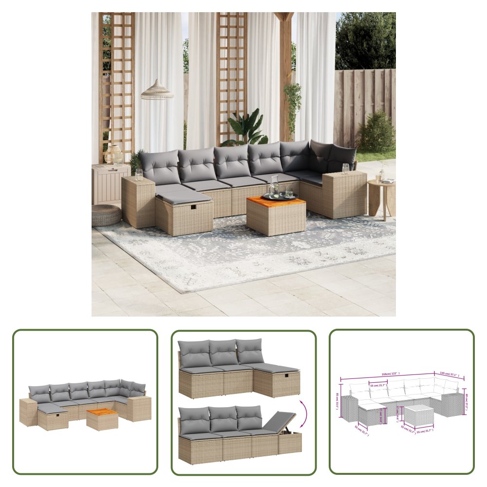 The Living Store 8-cz. zestaw mebli ogrodowych z poduszkami - mieszany beż - Sofa Ogrodowa