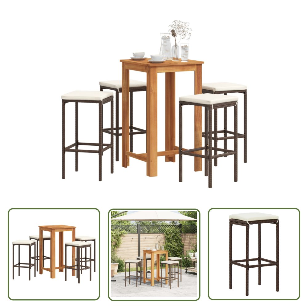 The Living Store 5-cz. zestaw mebli barowych do ogrodu - brąz - akacja i rattan PE - Zestaw Mebli Barowych