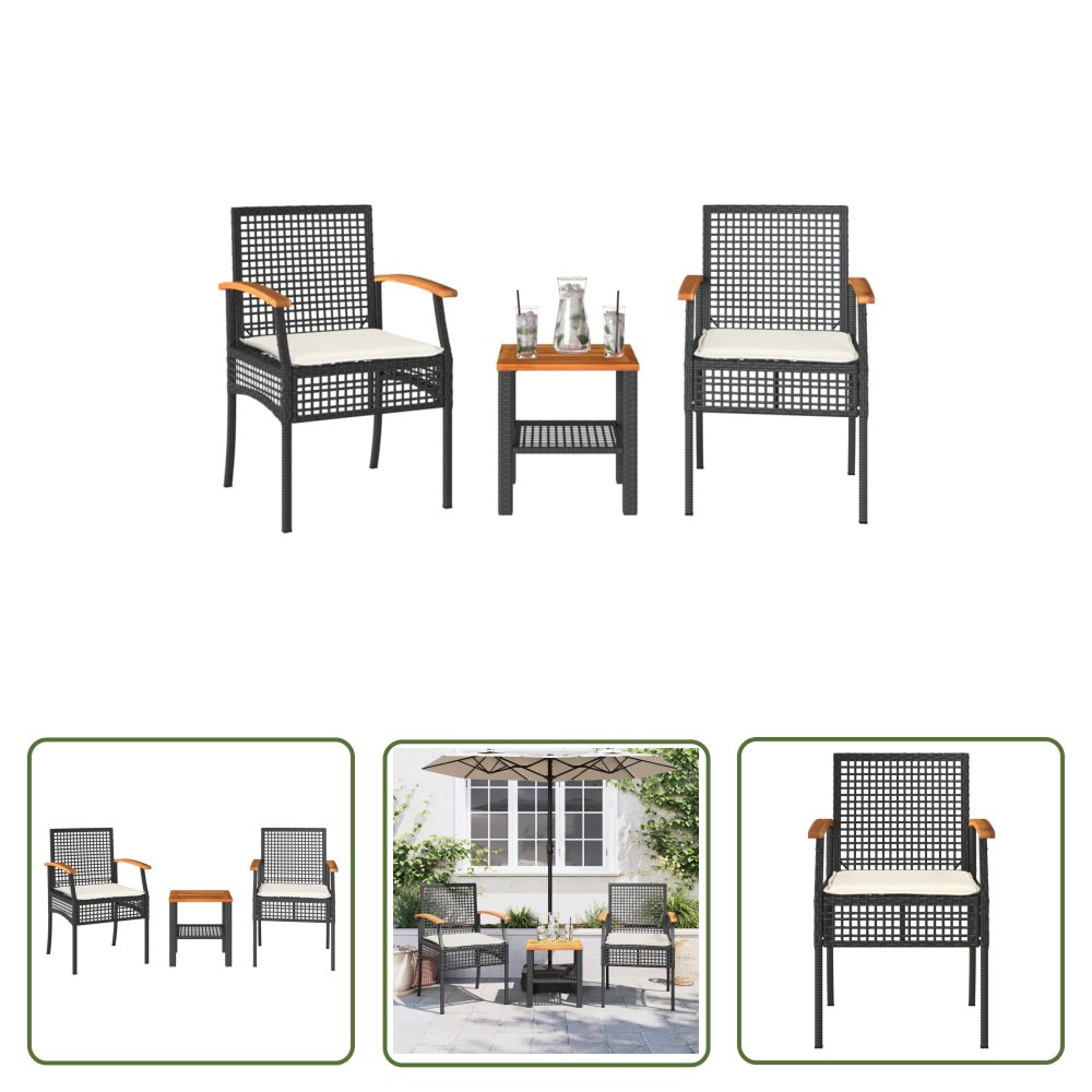 The Living Store 3-cz. zestaw mebli bistro - poduszki - czarny rattan PE i akacja - Meble Bistro