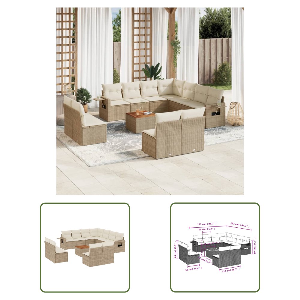The Living Store 12-cz. zestaw mebli ogrodowych z poduszkami - beżowy - polirattan - Sofa Ogrodowa