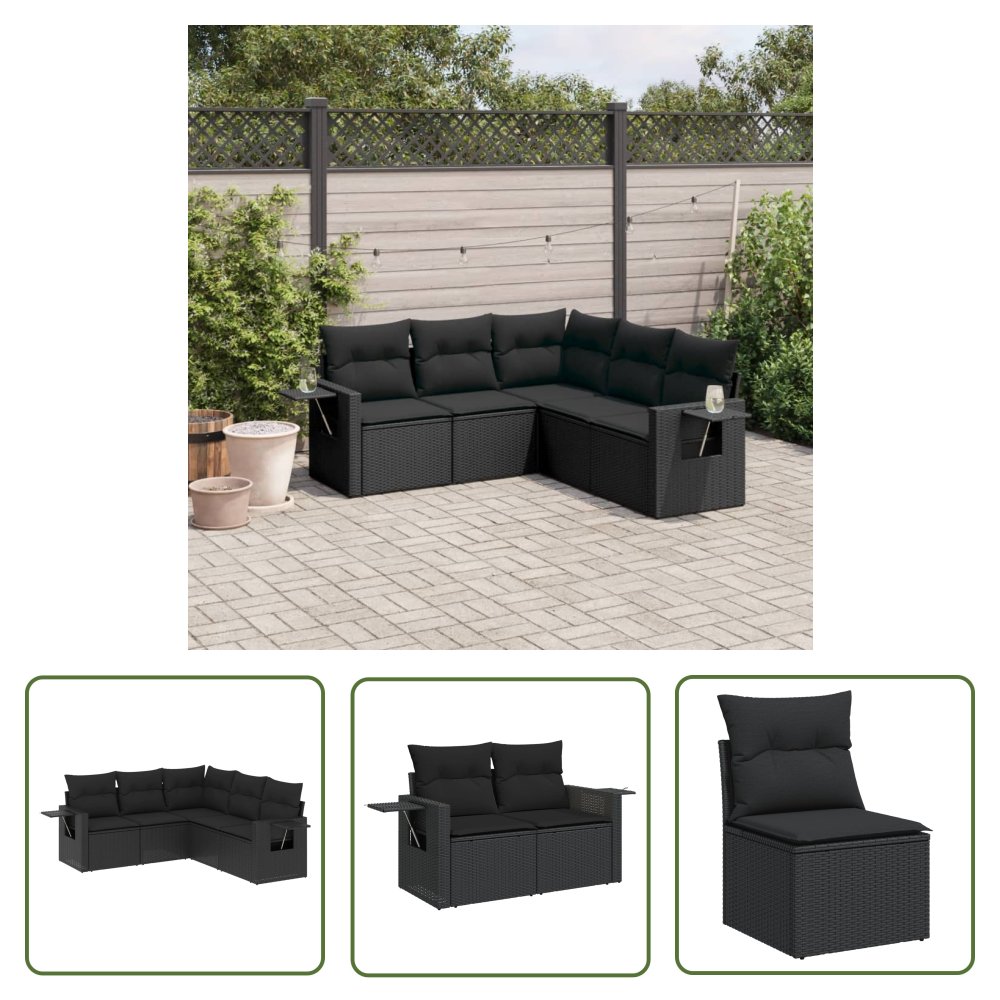 The Living Store 5-cz. zestaw wypoczynkowy do ogrodu - poduszki - czarny rattan PE - Sofa Ogrodowa