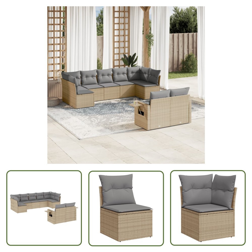 The Living Store 9-cz. zestaw mebli ogrodowych z poduszkami - beżowy - polirattan - Sofa Ogrodowa