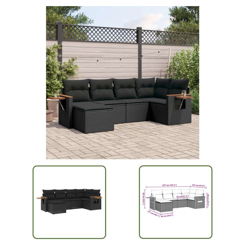 The Living Store 6-cz. zestaw mebli ogrodowych z poduszkami - czarny polirattan - Sofa Ogrodowa