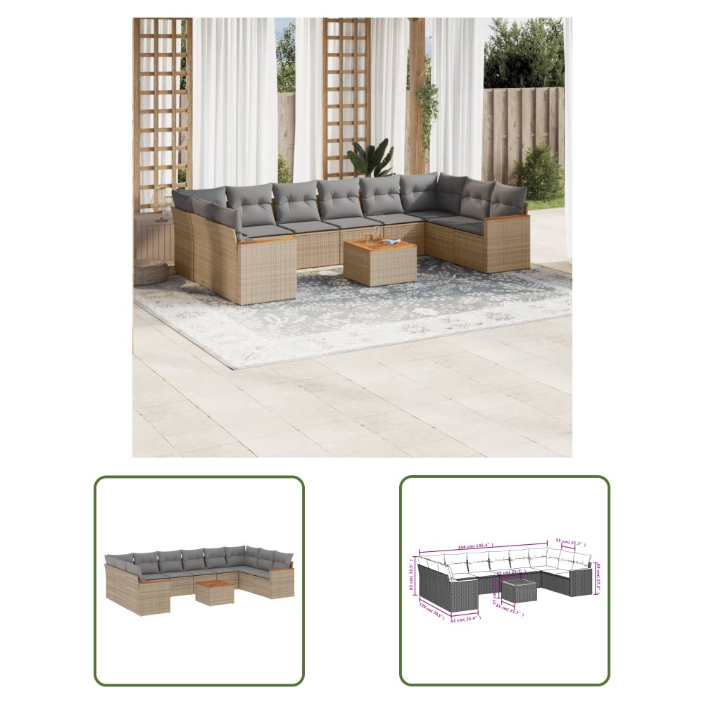 The Living Store 11-cz. zestaw mebli ogrodowych z poduszkami - beżowy - polirattan - Sofa Ogrodowa