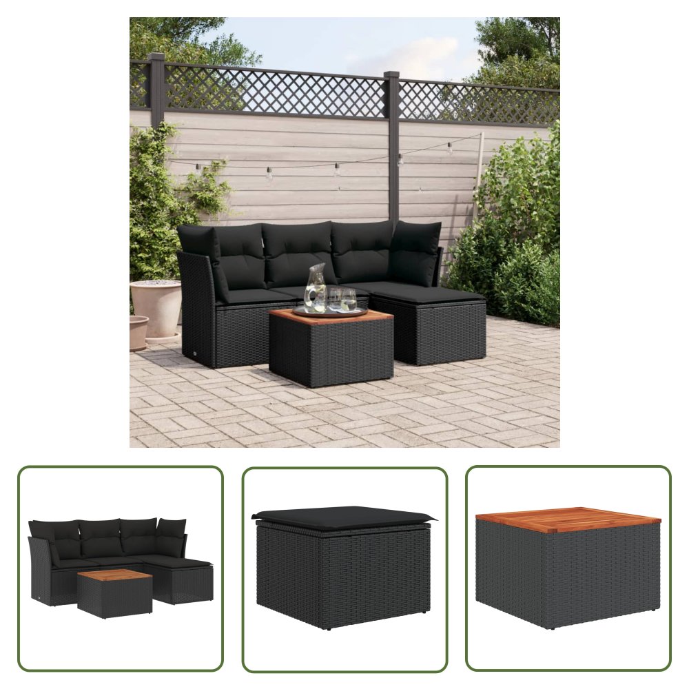 The Living Store 5-cz. zestaw wypoczynkowy do ogrodu - poduszki - czarny rattan PE - Sofa Ogrodowa
