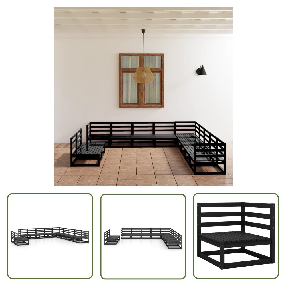 The Living Store 11-cz. zestaw wypoczynkowy do ogrodu - czarny - drewno sosnowe - Zestaw Wypoczynkowy Do Ogrodu