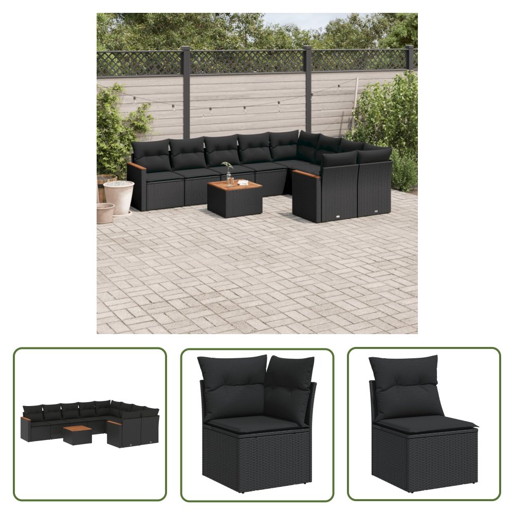 The Living Store 10-cz. zestaw wypoczynkowy do ogrodu - poduszki czarny rattan PE - Sofa Ogrodowa