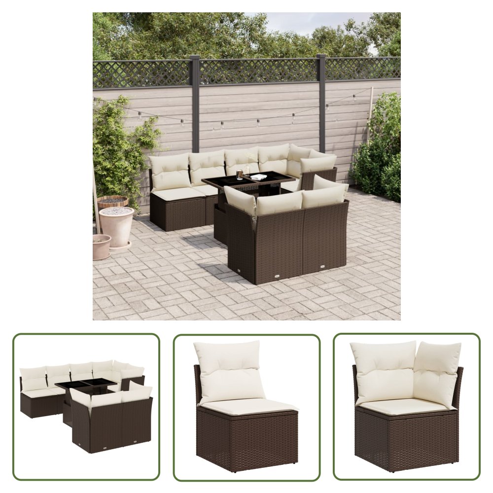 The Living Store 8-cz. zestaw wypoczynkowy do ogrodu - z poduszkami - brązowy - Sofa Ogrodowa