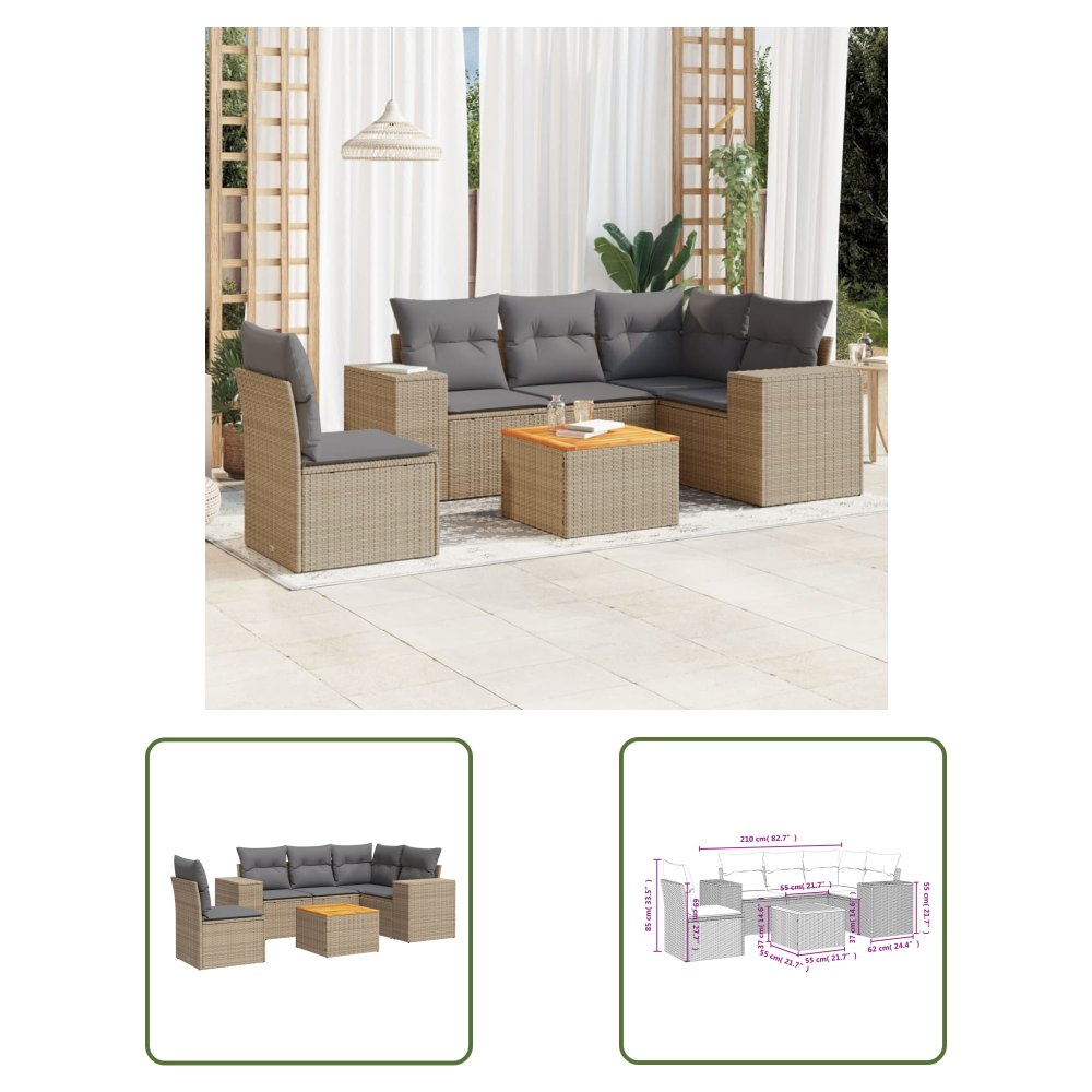 The Living Store 6-cz. zestaw mebli ogrodowych z poduszkami - beżowy - polirattan - Sofa Ogrodowa