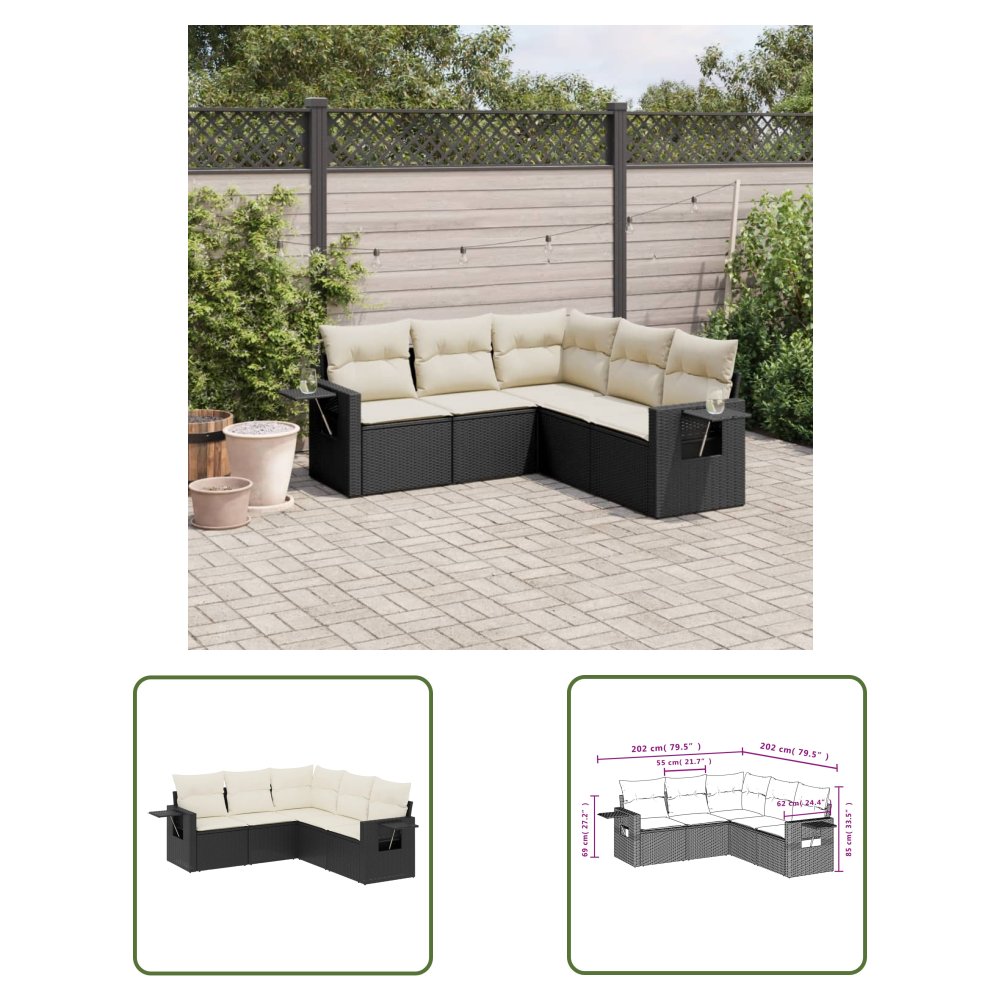 The Living Store 5-cz. zestaw wypoczynkowy do ogrodu - poduszki - czarny rattan PE - Sofa Ogrodowa