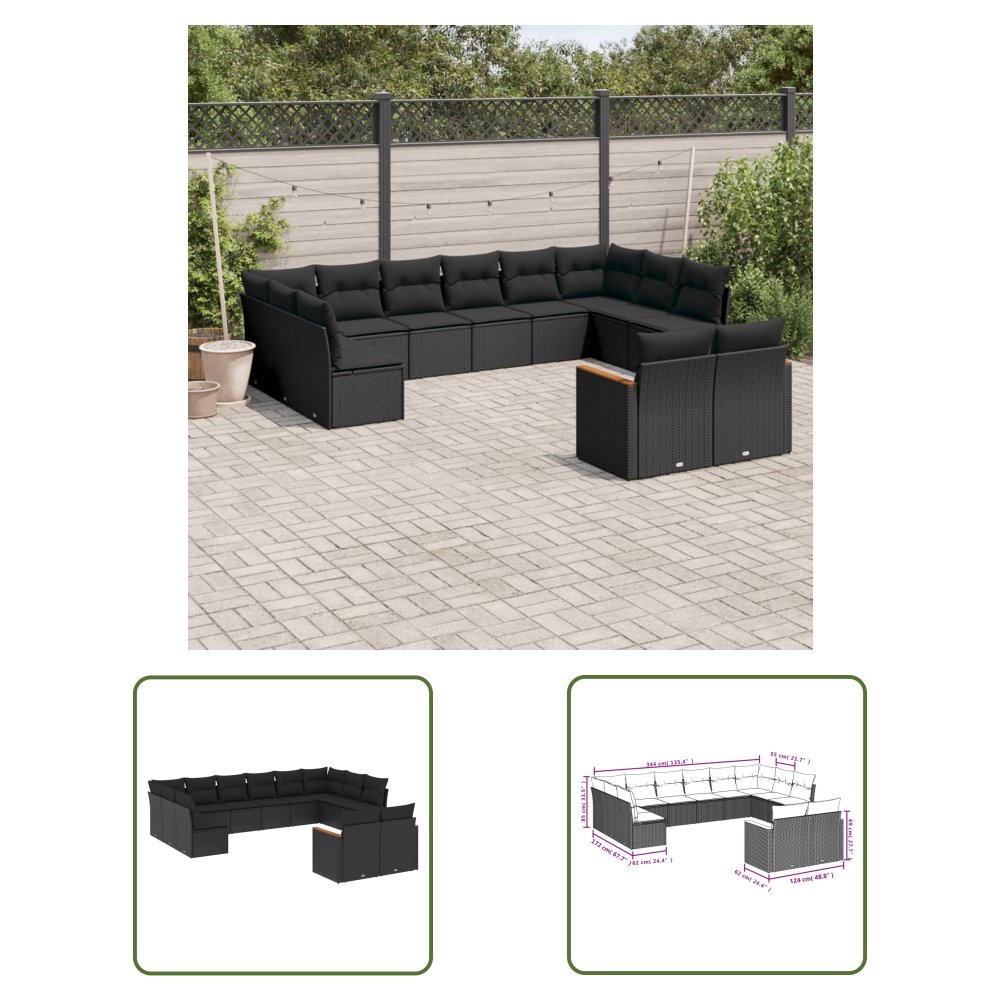 The Living Store 12-cz. zestaw mebli do ogrodu - z poduszkami - czarny - polirattan - Sofa Ogrodowa