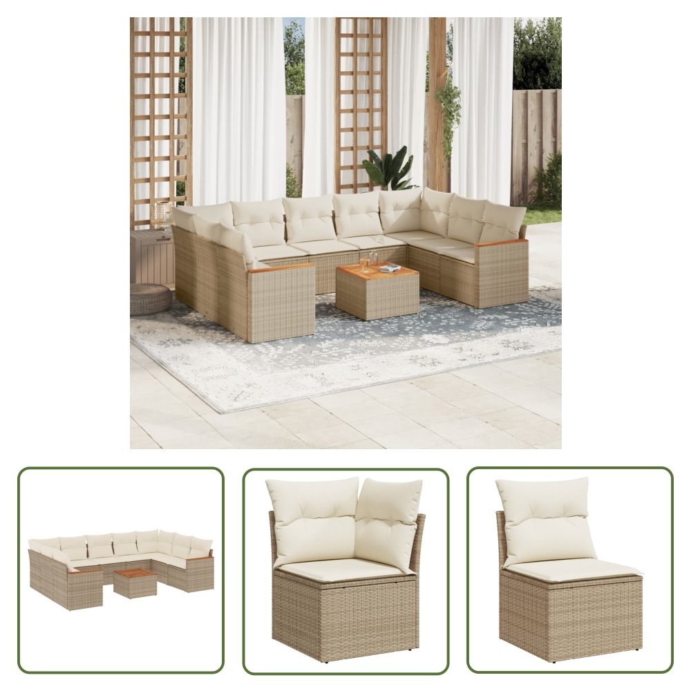 The Living Store 10-cz. zestaw mebli ogrodowych z poduszkami - beżowy - polirattan - Sofa Ogrodowa