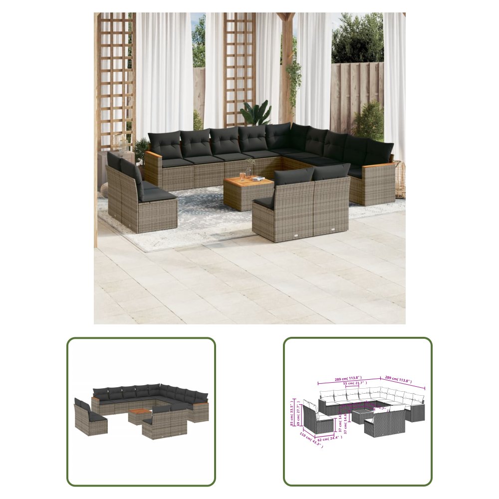 The Living Store 14-cz. zestaw mebli ogrodowych z poduszkami - szary - polirattan - Sofa Ogrodowa