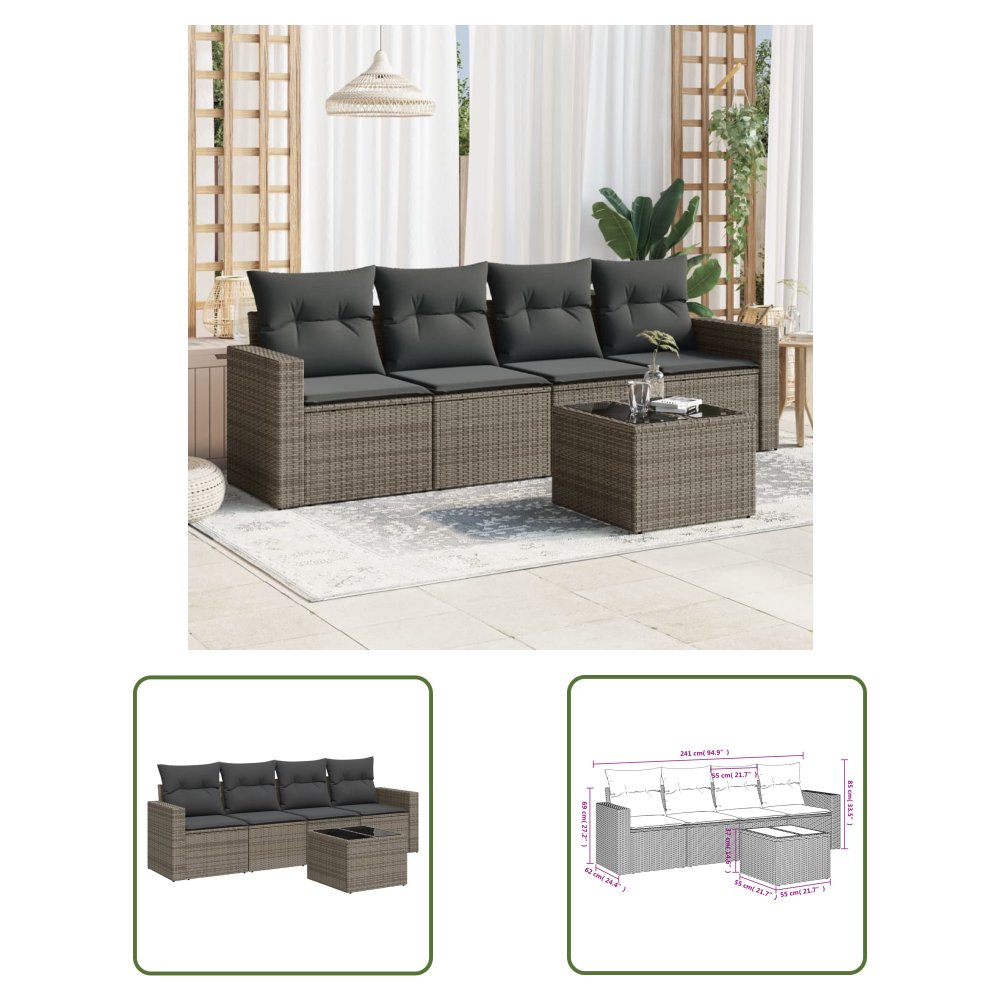 The Living Store 5-cz. zestaw wypoczynkowy do ogrodu - poduszki - szary rattan PE - Sofa Ogrodowa