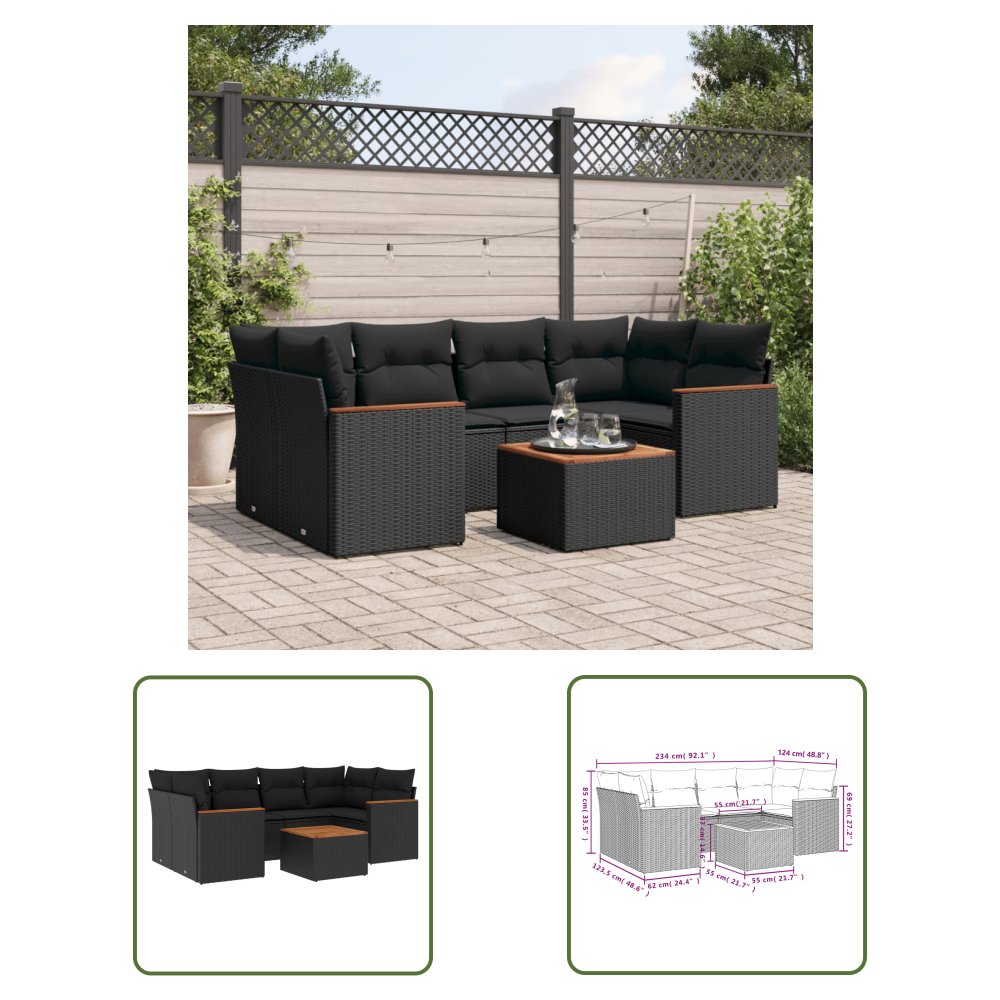 The Living Store 7-cz. zestaw wypoczynkowy do ogrodu - z poduszkami - czarny - Sofa Ogrodowa