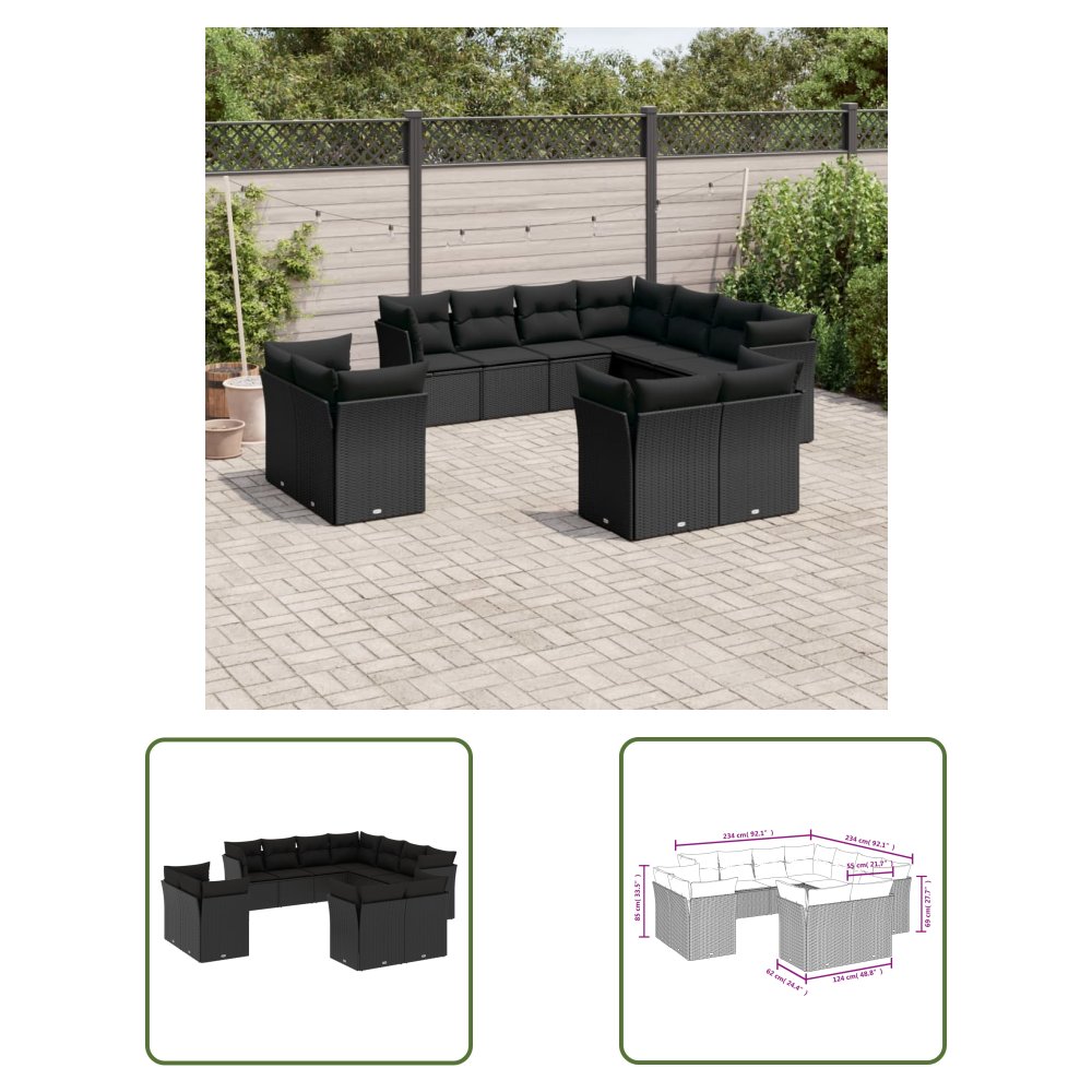 The Living Store 11-cz. zestaw wypoczynkowy do ogrodu - poduszki czarny rattan PE - Sofa Ogrodowa