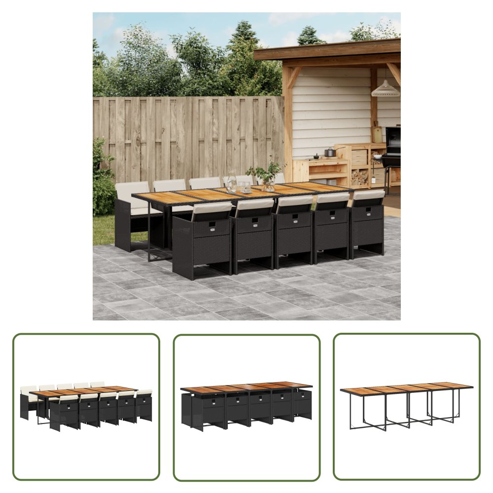 The Living Store 11-cz. zestaw mebli do ogrodu - z poduszkami - czarny rattan PE - Meble Ogrodowe
