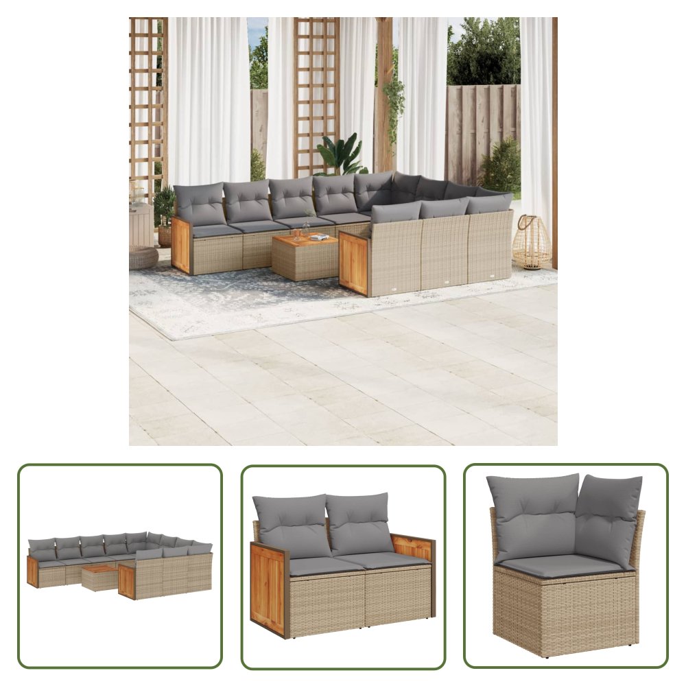 The Living Store 11-cz. zestaw mebli ogrodowych z poduszkami - beżowy - polirattan - Sofa Ogrodowa
