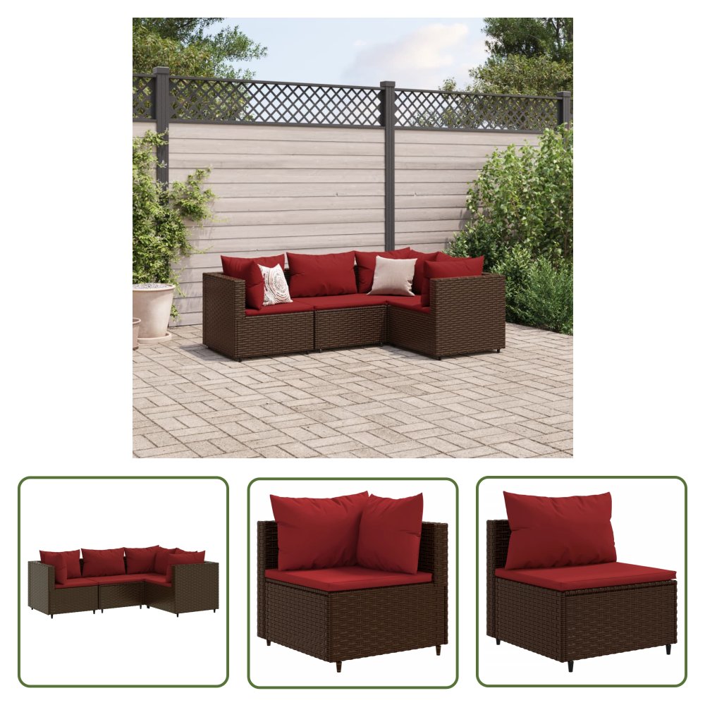 The Living Store 4-cz zestaw wypoczynkowy do ogrodu - poduszki - brązowy rattan PE - Zestaw Wypoczynkowy Do Ogrodu