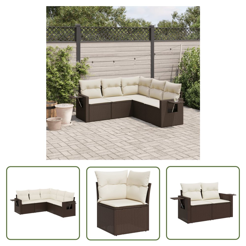 The Living Store 5-cz. zestaw mebli ogrodowych z poduszkami - brązowy - polirattan - Sofa Ogrodowa