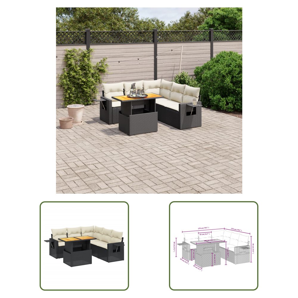 The Living Store 6-cz. zestaw mebli ogrodowych z poduszkami - czarny polirattan - Sofa Ogrodowa