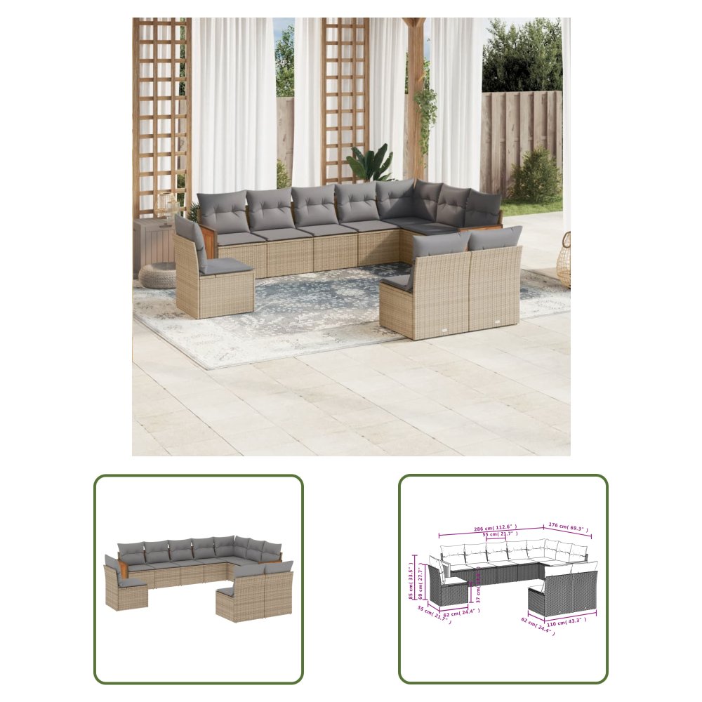 The Living Store 10-cz. zestaw mebli ogrodowych z poduszkami - beżowy - polirattan - Sofa Ogrodowa