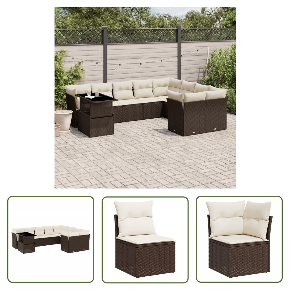 The Living Store 10-cz. zestaw mebli ogrodowych z poduszkami - brązowy polirattan - Sofa Ogrodowa