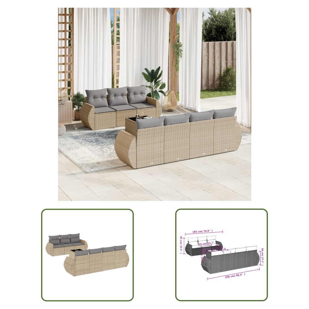 The Living Store 8-cz. zestaw mebli ogrodowych z poduszkami - beżowy - polirattan - Sofa Ogrodowa
