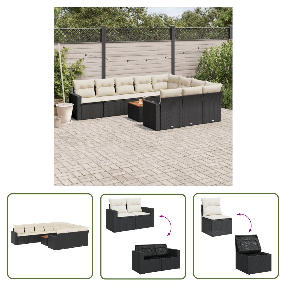 The Living Store 11-cz. zestaw wypoczynkowy do ogrodu - poduszki czarny rattan PE - Sofa Ogrodowa