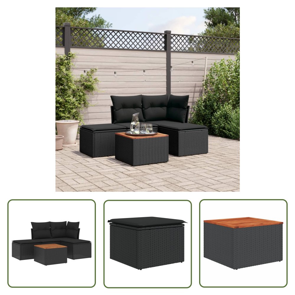 The Living Store 5-cz. zestaw wypoczynkowy do ogrodu - poduszki - czarny rattan PE - Sofa Ogrodowa