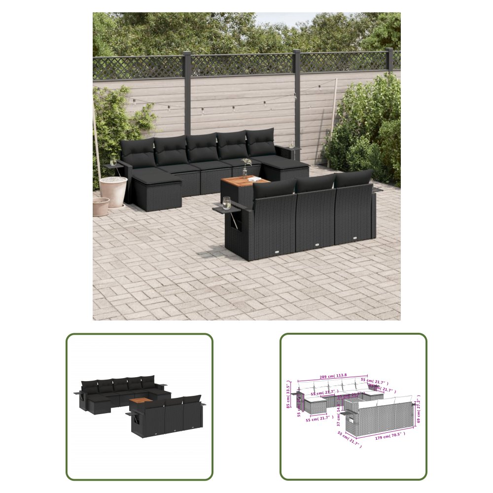 The Living Store 11-cz. zestaw wypoczynkowy do ogrodu - poduszki czarny rattan PE - Sofa Ogrodowa