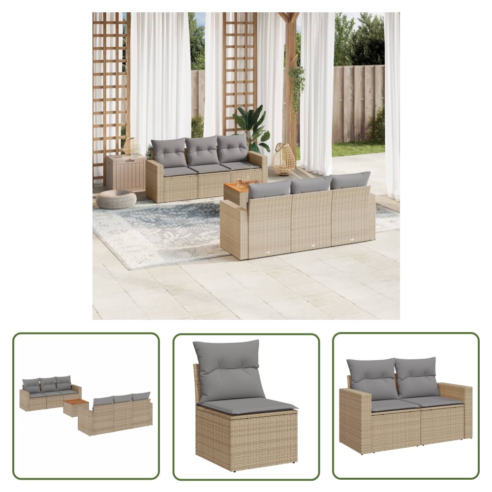 The Living Store 7-cz. zestaw mebli ogrodowych z poduszkami - mieszany beż - Sofa Ogrodowa