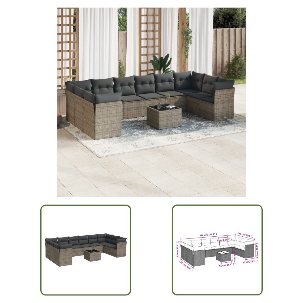 The Living Store 11-cz. zestaw mebli ogrodowych z poduszkami - szary rattan PE - Sofa Ogrodowa