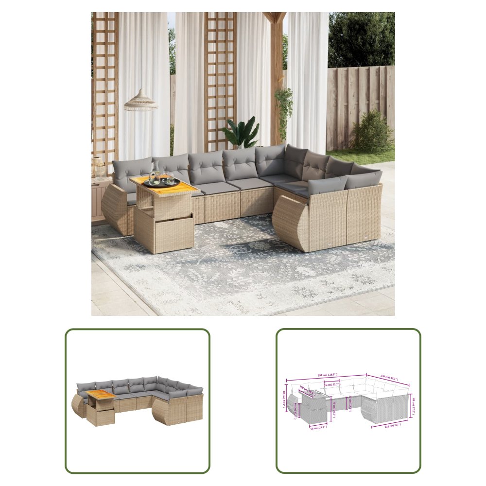 The Living Store 10-cz. zestaw mebli ogrodowych z poduszkami - beżowy - polirattan - Sofa Ogrodowa
