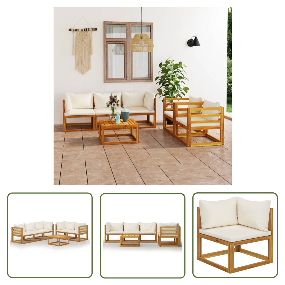 The Living Store 6-cz. zestaw wypoczynkowy do ogrodu - kremowe poduszki - akacja - Sofa Ogrodowa I Stół