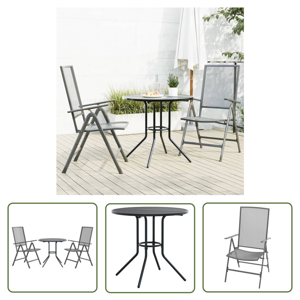 The Living Store 3-cz. zestaw z rozkładanymi krzesłami - antracytowy - stal - Zestaw Mebli Ogrodowych